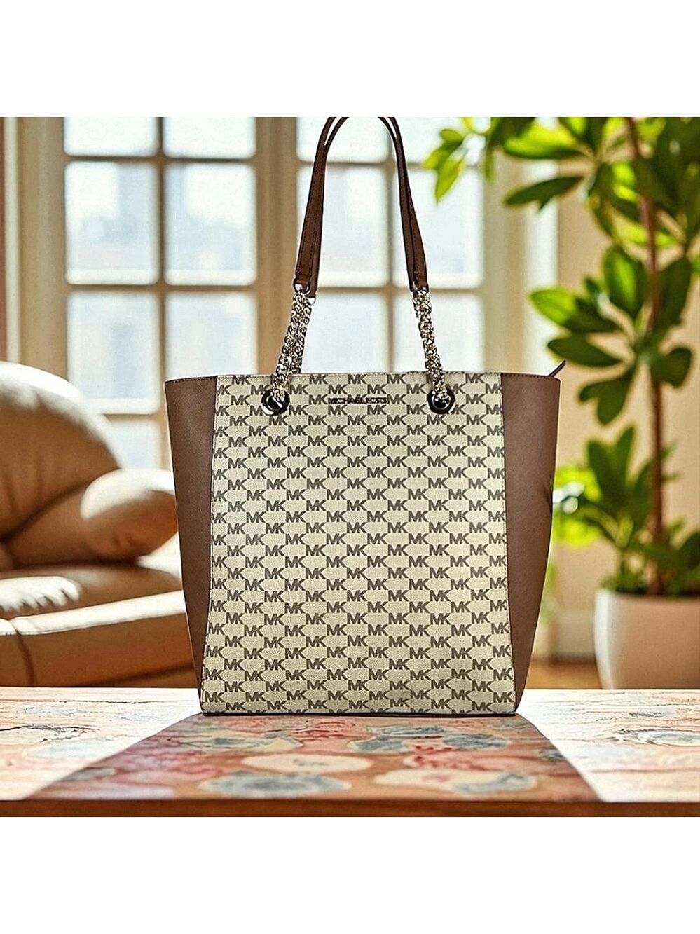 Michael‎ Kors Jet Set Chain Large work Tote Bag Brown tan signature laptop NWT